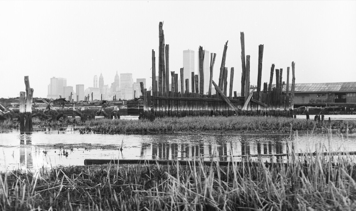 Abandoned Pennsylvania Railroad ferry piers at the Morris Canal Small Basin in Jersey City, 1977