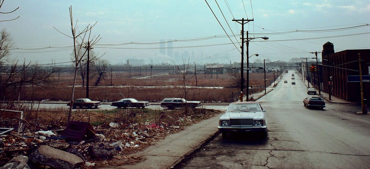 Lower Manhattan skyline and the World Trade Center seen from abandoned fields in Jersey City, 1976