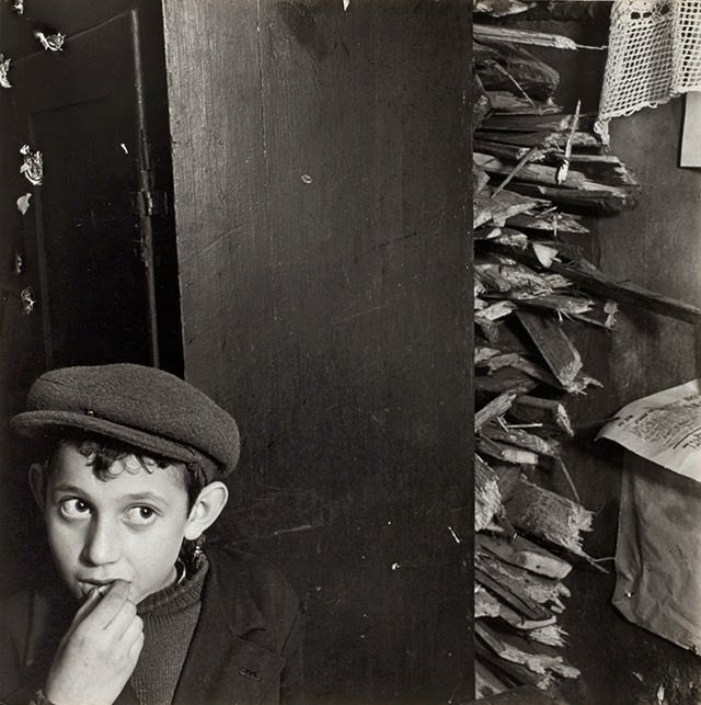 Boy with kindling in a basement dwelling on Krochmalna Street, Warsaw, 1930s.