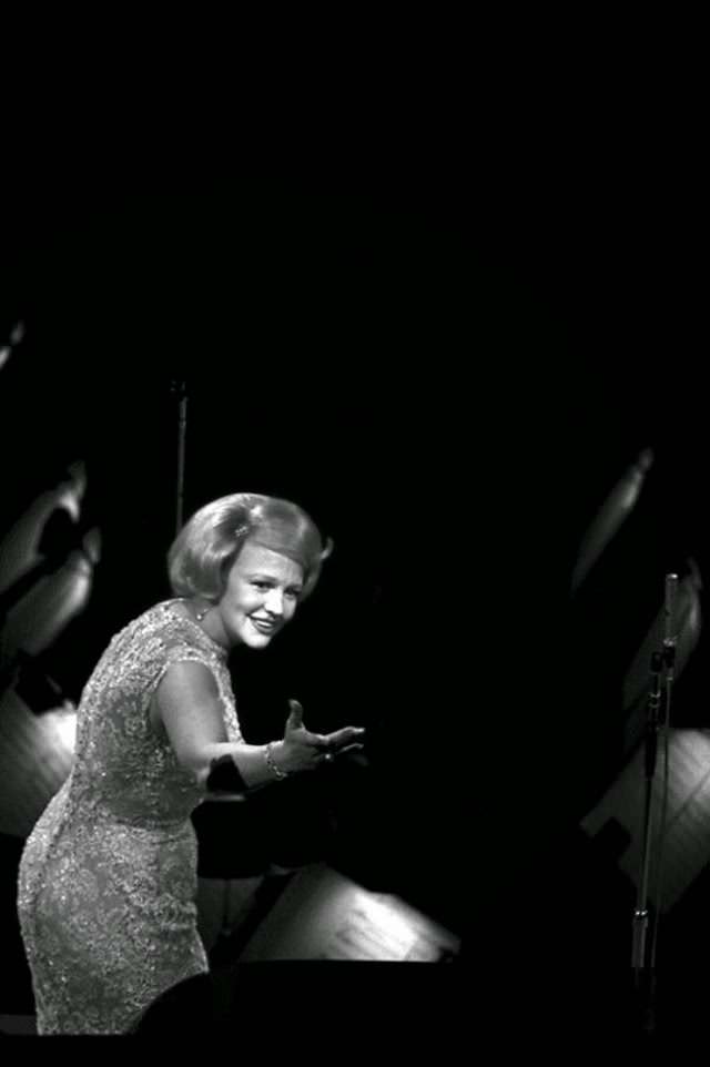 Peggy Lee on stage at Madison Square Garden during a Birthday Salute for President Kennedy, 1962