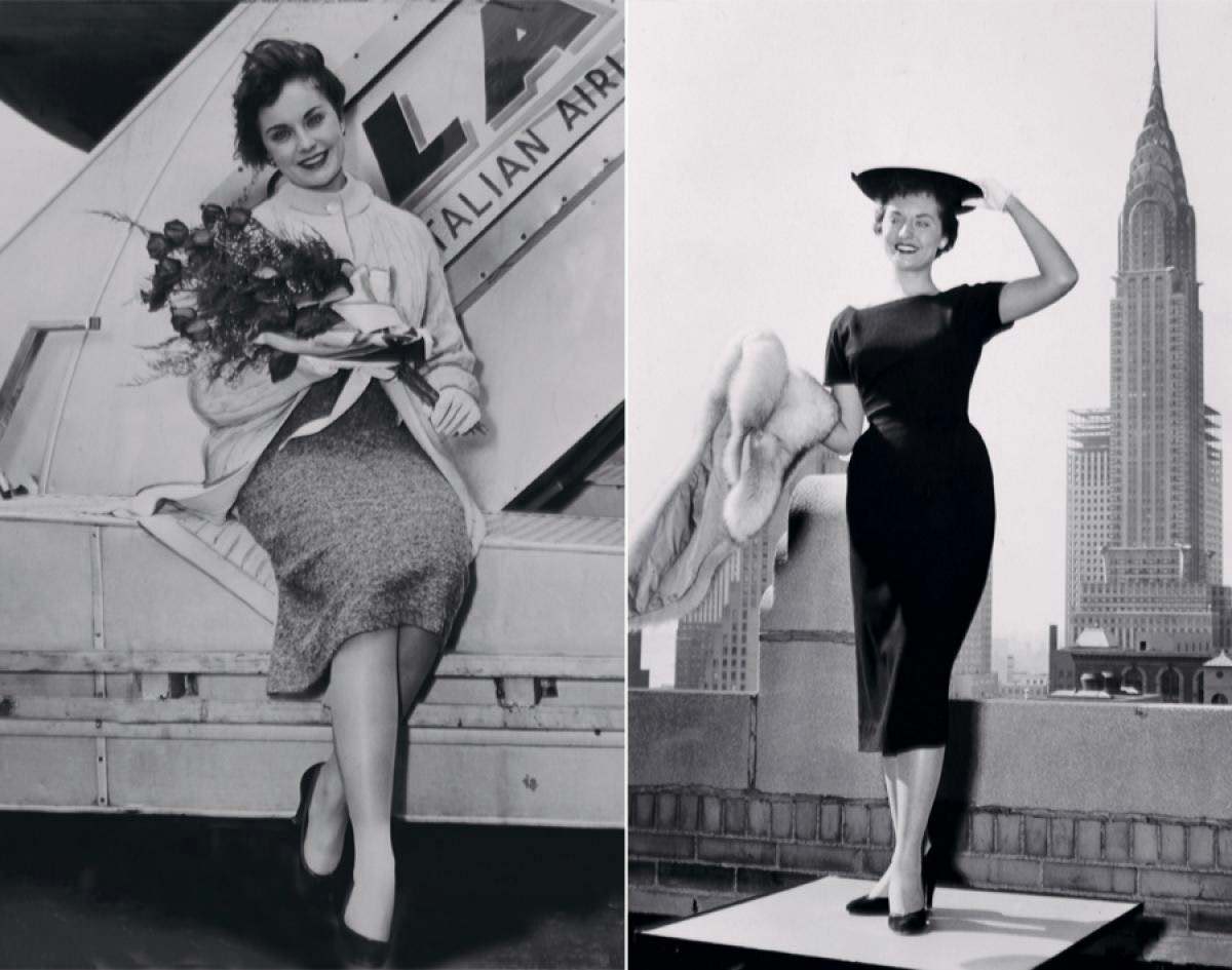 Sharon Ritchie receiving roses after returning from a tour of Europe, 1956