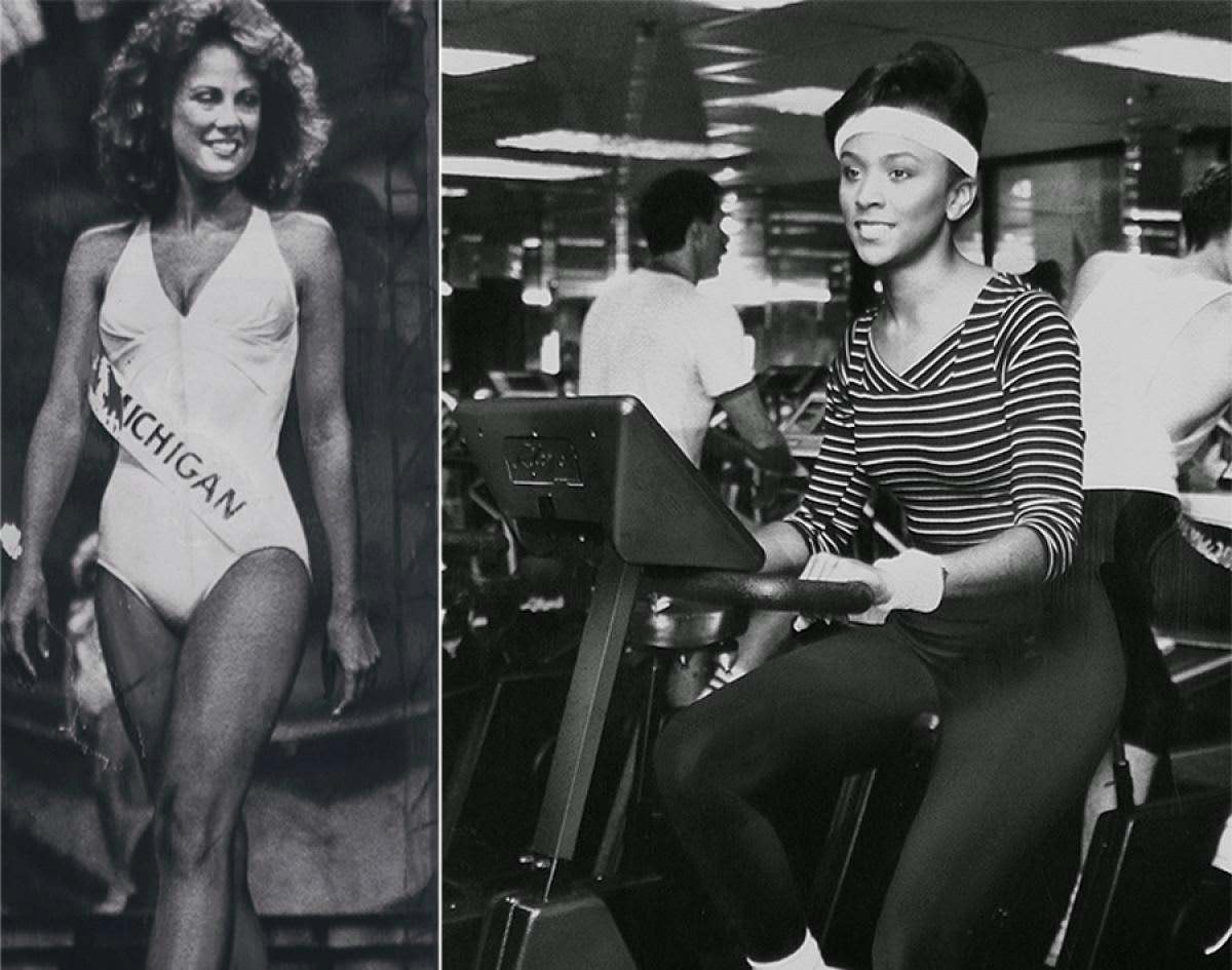 Kaye Lani Rae Rafko on the runway and Debbye Turner on an exercise bike, 1980s