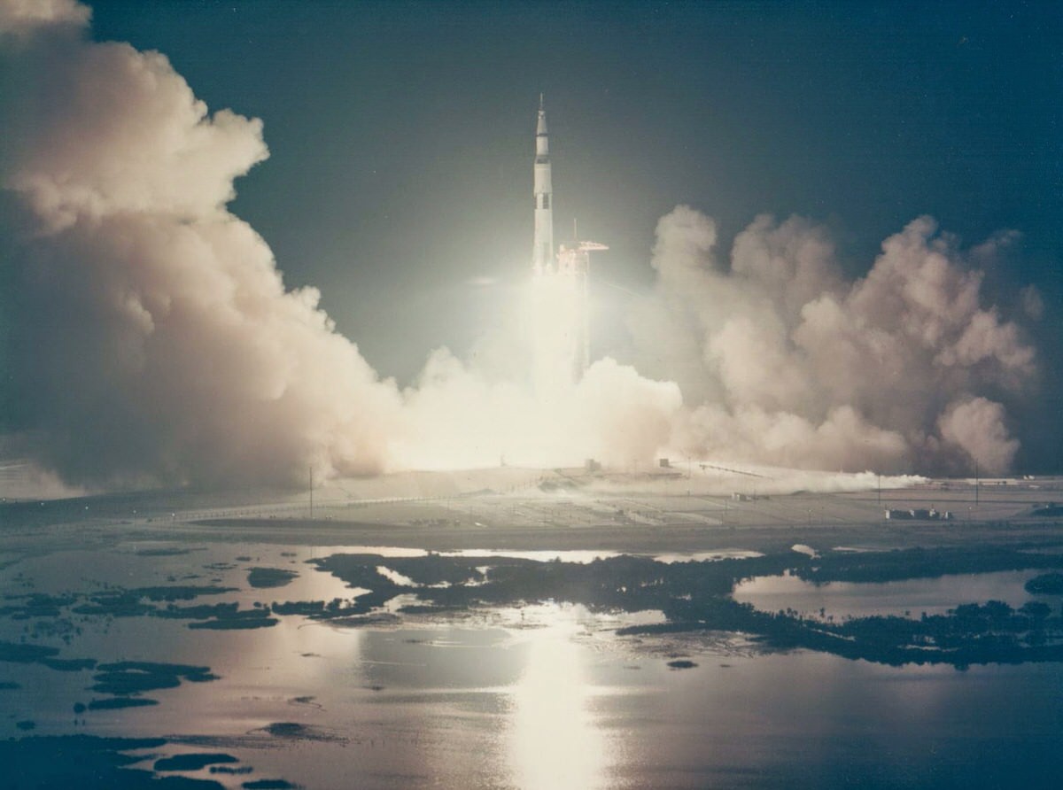 Liftoff of the last lunar mission, Apollo 17, December 1972.