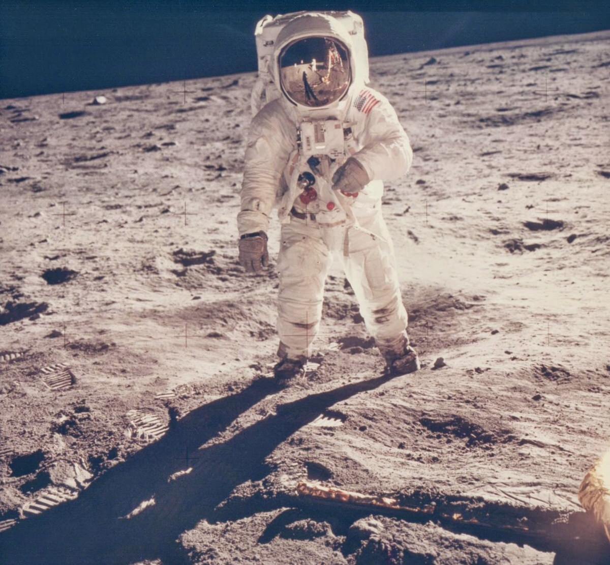 Buzz Aldrin’s visor reflects Armstrong, Apollo 11, July 1969.