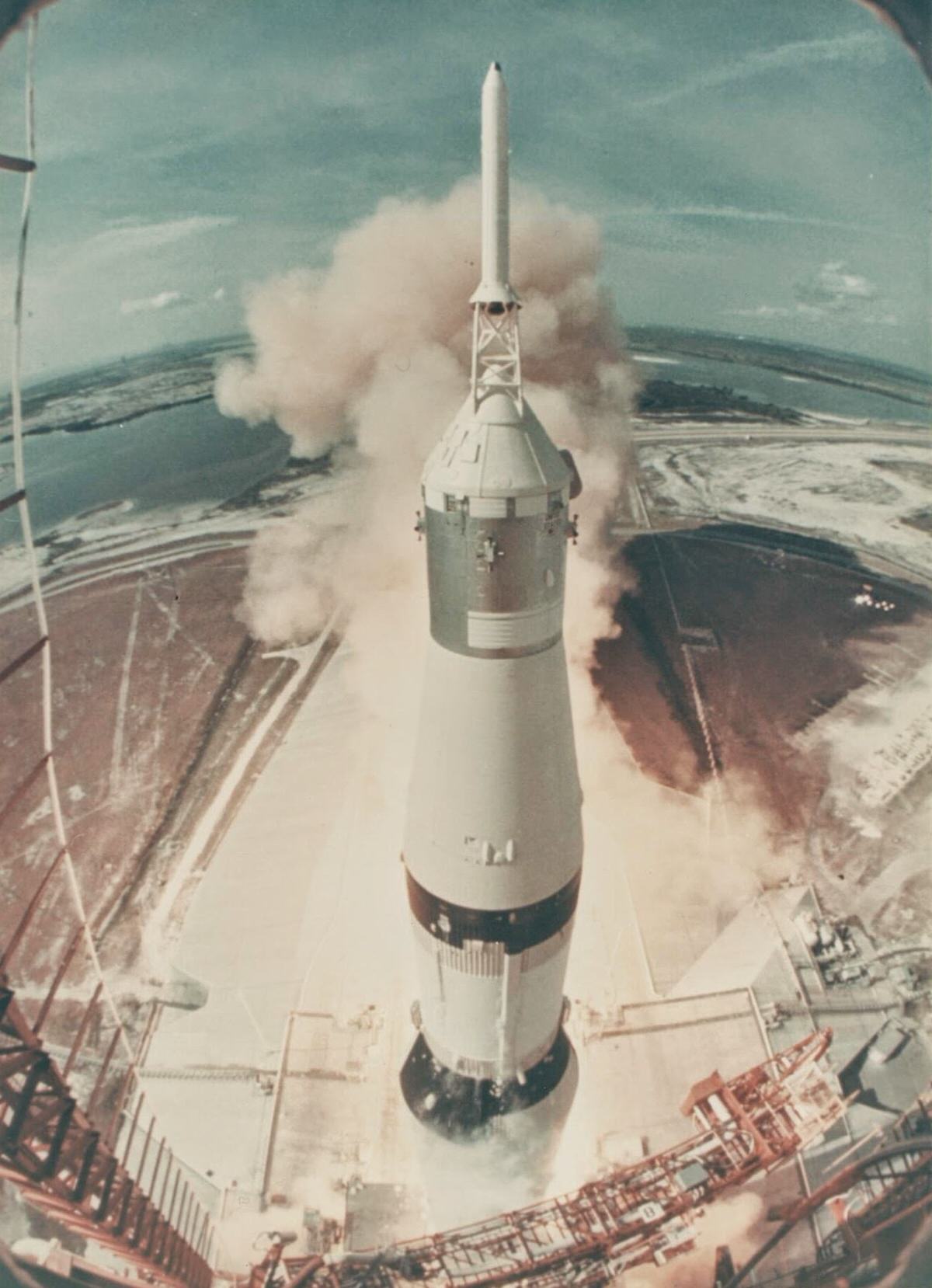 Apollo 11 lift-off seen from the top of the launch gantry, Apollo 11, July 1969.