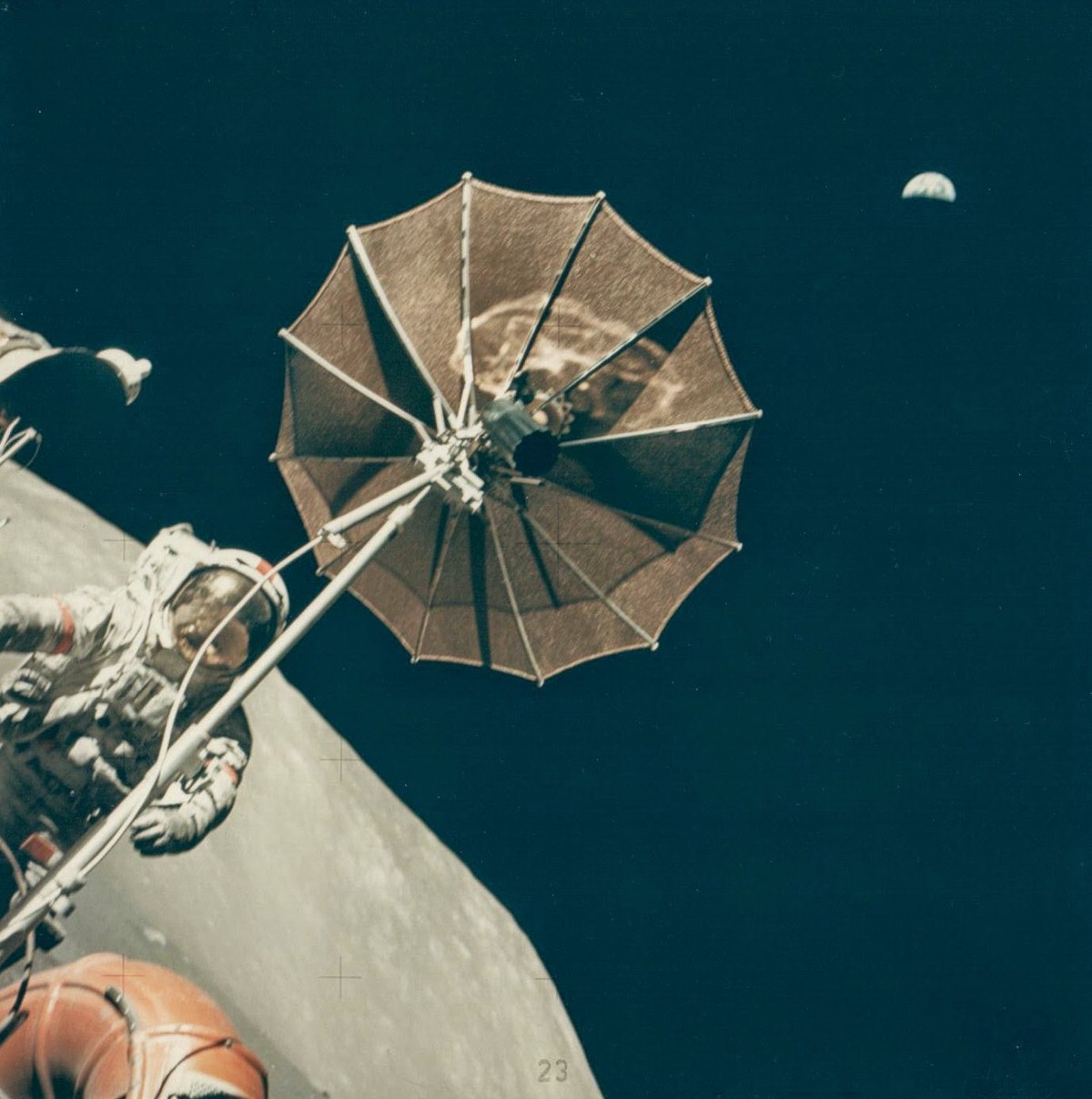Eugene Cernan and the antenna on the Rover, Apollo 17, December 1972.