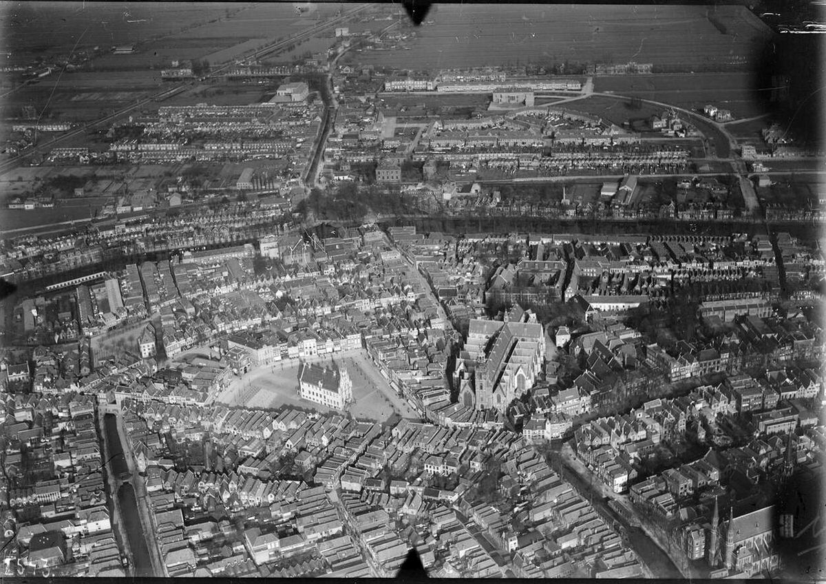 Aerial view of Gouda, 1920s-1940s.