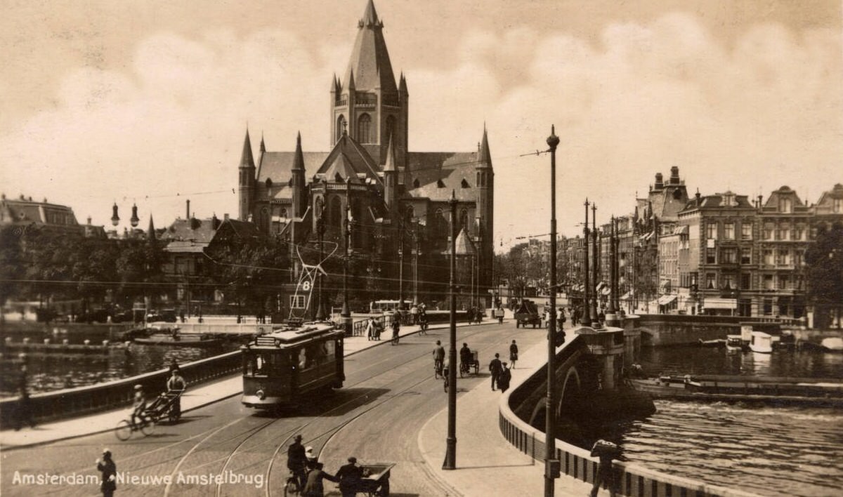 New Amstel Bridge in Amsterdam with St. Willibrord Church in the distance, 1930s