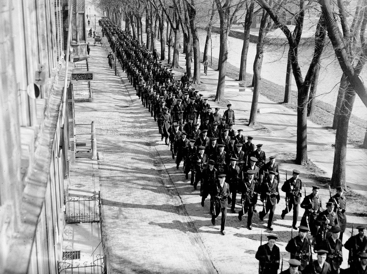 Navy sailors marching in the Netherlands, 1930