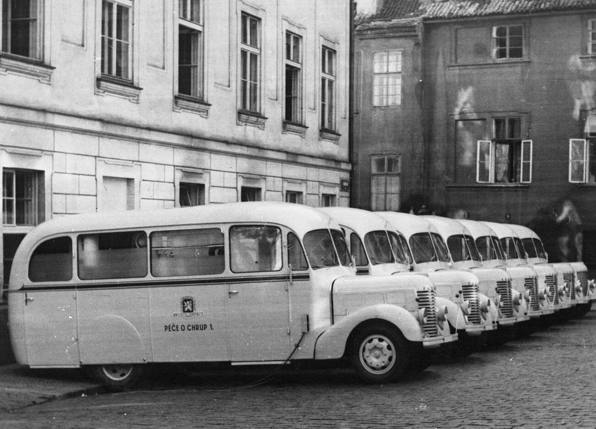 Dentist buses parked in a lot in Czechoslovakia, 1947