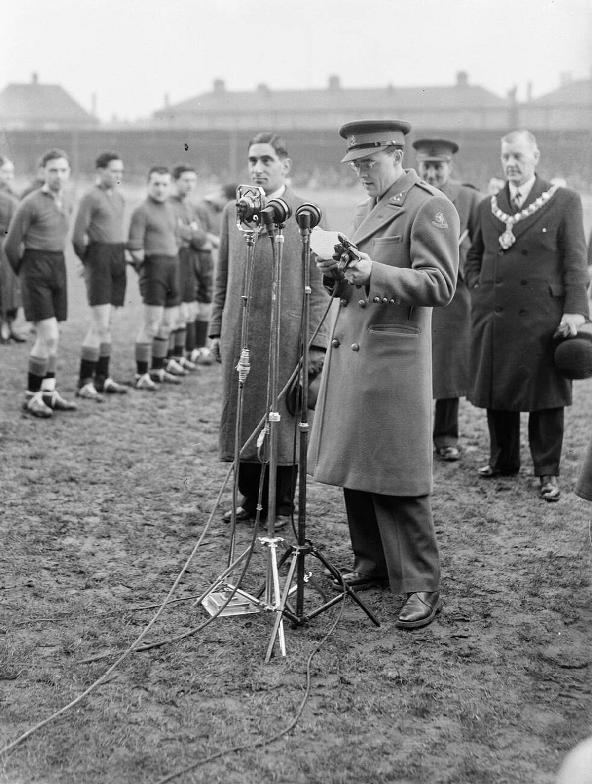 Prince Bernhard broadcasting a speech at a football match between Holland and Belgium in London, 1941