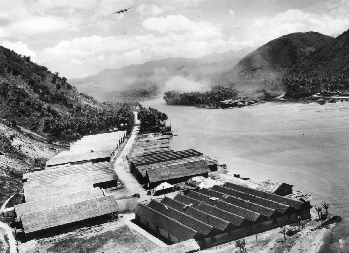 U.S. Army Air Forces B-25 Mitchell bomber flying toward Gorontalo, Celebes, 1944