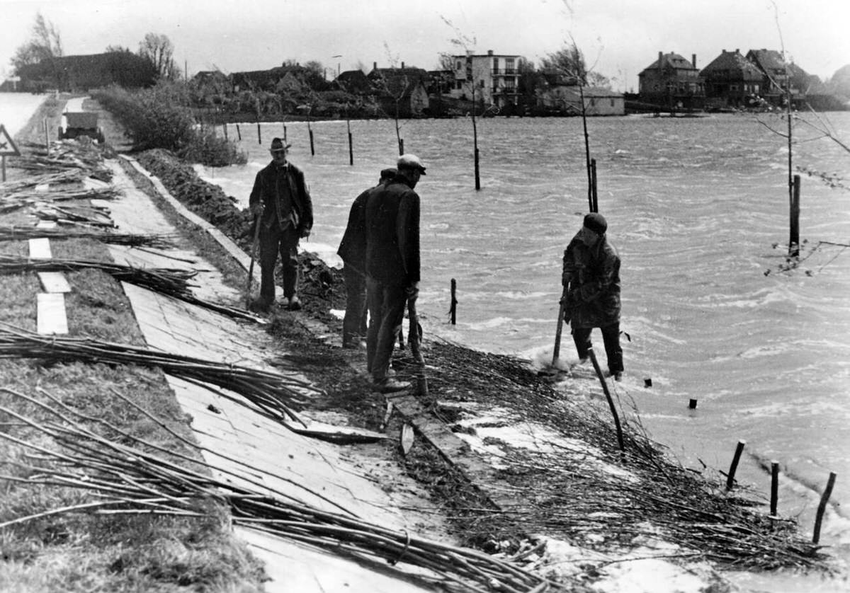 Workers fortifying a supply route against flooding in the Dutch coastal area, 1944