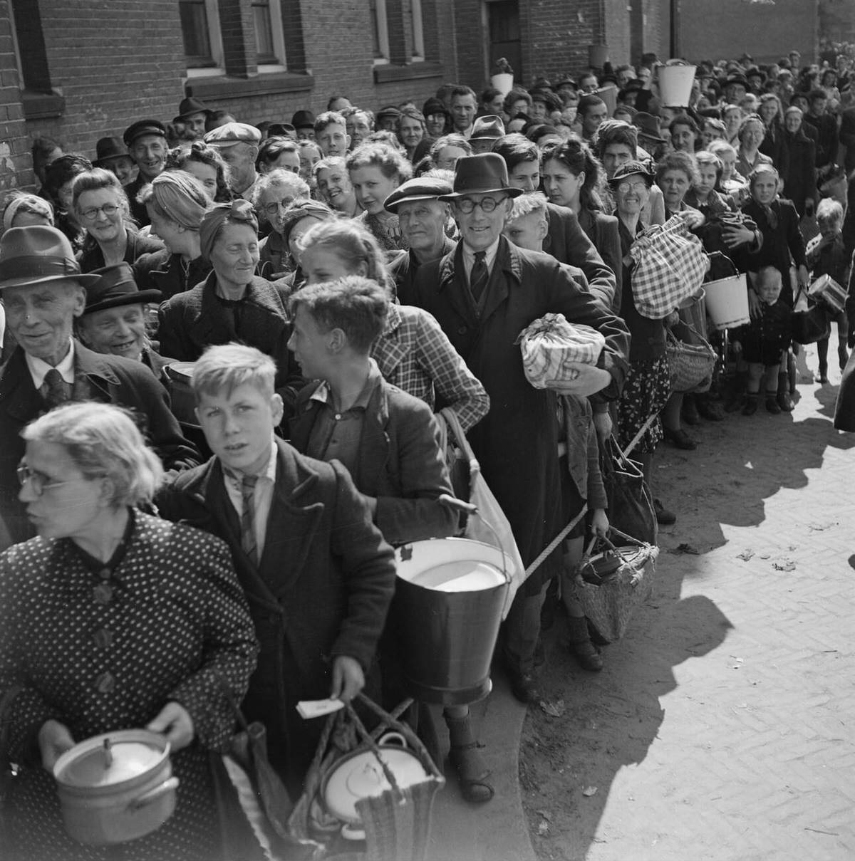 Shoppers queuing for food following the liberation of Amsterdam, 1945