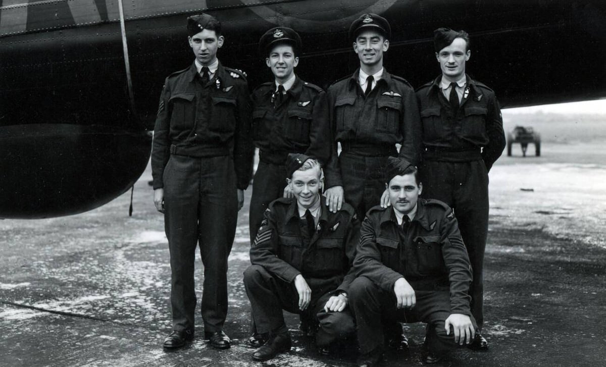 RAF aircrew with an Avro Lancaster bomber involved in Operation Manna food drops to The Hague, 1945