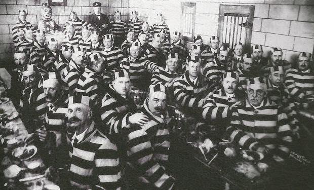 The New Jersey Association of Police Chiefs dressed as convicts for a fundraising dinner held at Olympic Park in Irvington in 1915. Courtesy of the New Jersey Historical Society.