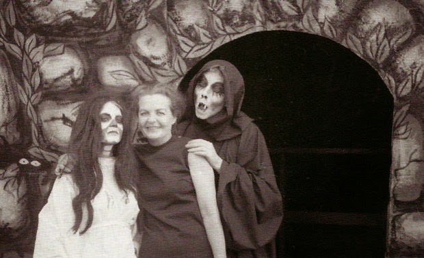 Helen Howard, center, is about to experience love at first bite from vampire Jamie James in front of the Castle of Frankenstein on Fun Pier in Wildwood in 1973. Helen's daughter Gerry is the ghoul on the left. Courtesy of Larry Mosher.