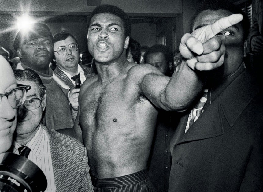 Muhammad Ali finger-pointing during the weigh-in before his second boxing match with Joe Frazier on 23 January, 1974, in New York. Ali won the fight and regained the title.