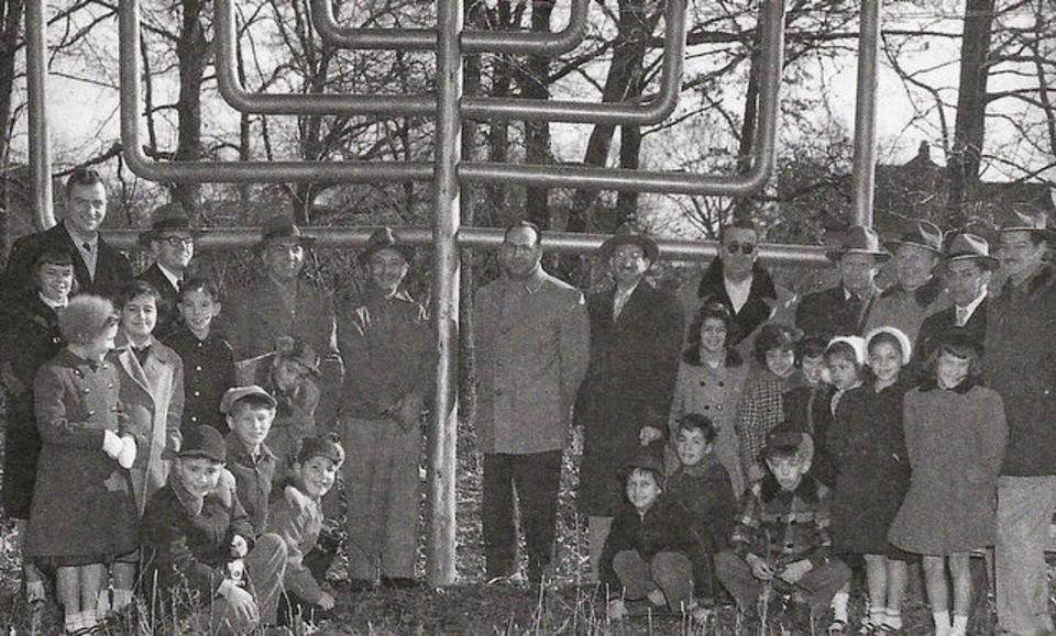 Rabbi Leon Yagod leading a Chanukah candle-lighting ceremony in Kearny, 1953