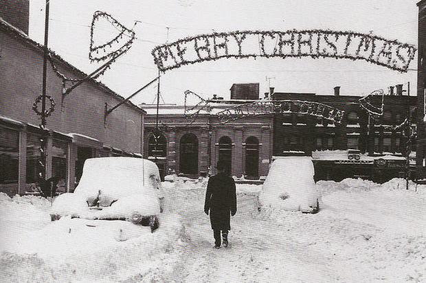 Christmas decorations and heavy snow in East Orange, 1947