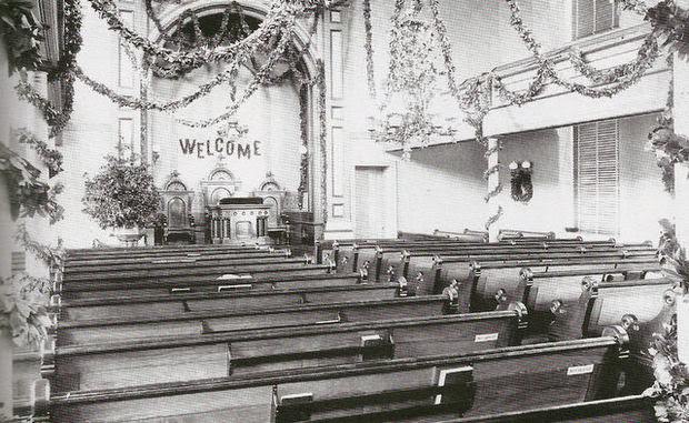 Presbyterian church decorated for Christmas in Woodbury, 1900