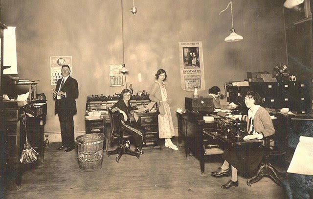 Office with a telephone operator and a typist, 1923