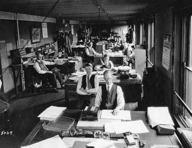 Freight receipts office at the Norfolk and Western Railway General Office Building in Roanoke, Virginia.