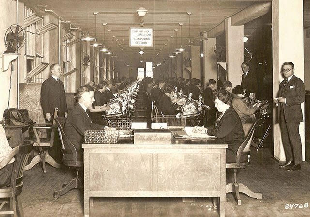 Computing Division of the Veterans Bureau using Burroughs adding machines in Washington, D.C., 1929