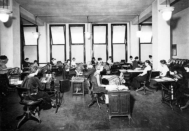 Office with Burroughs adding machines in the Dexter Horton National Bank, Seattle, 1920