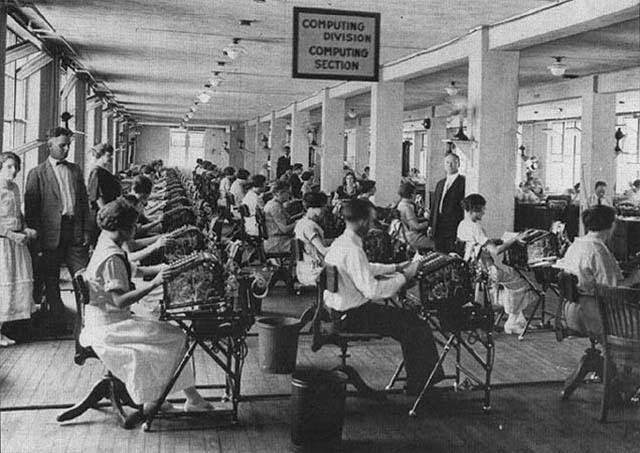 Computing Division of the Veterans Bureau using Burroughs electric adding machines in Washington, D.C., 1920s