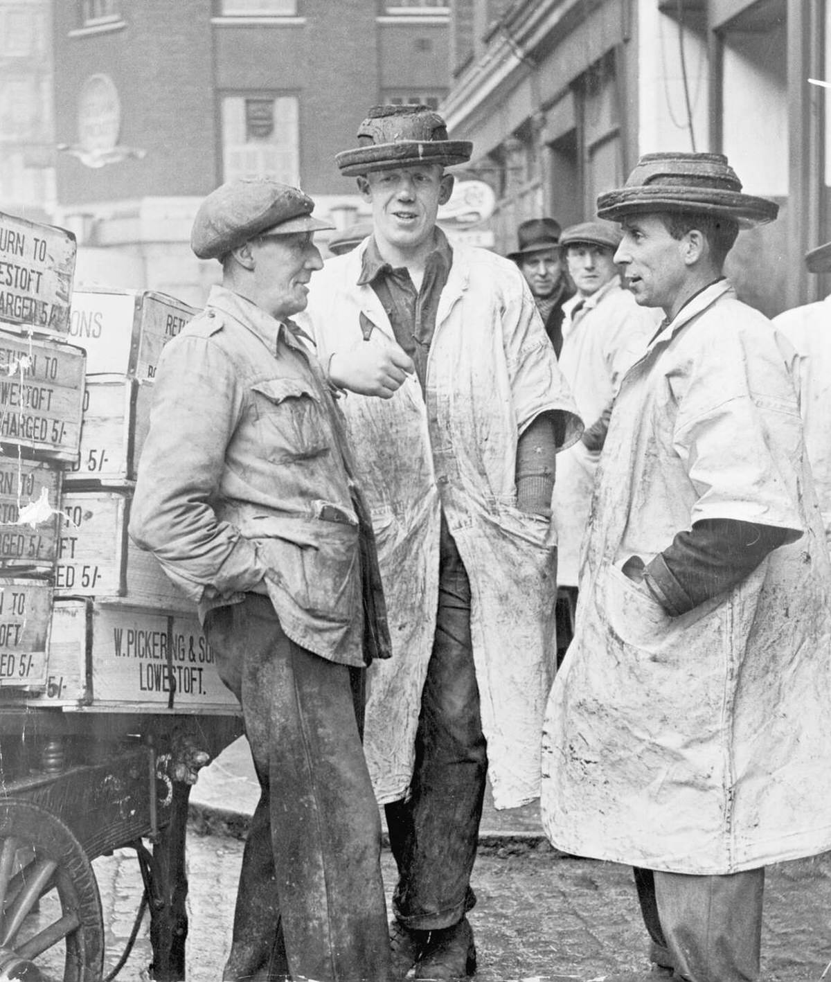 Market porters at Billingsgate, 1954
