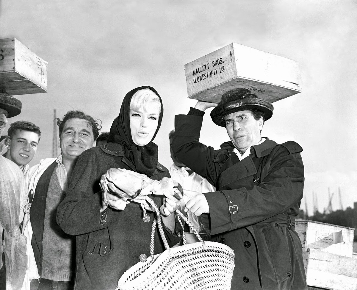 Michael Bentine and Diana Dors on set, The Sandwich Man, 1965