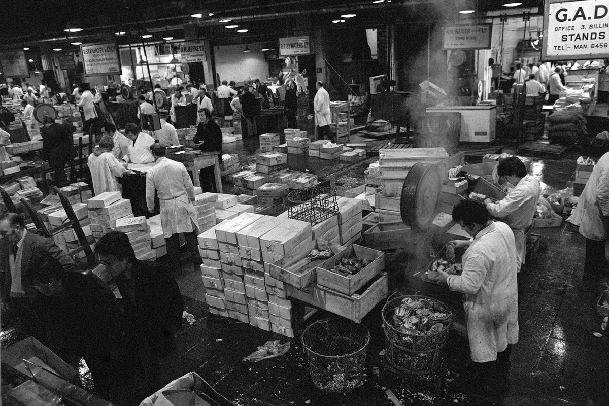 Shellfish specialty section in the basement of Billingsgate Market, 1977