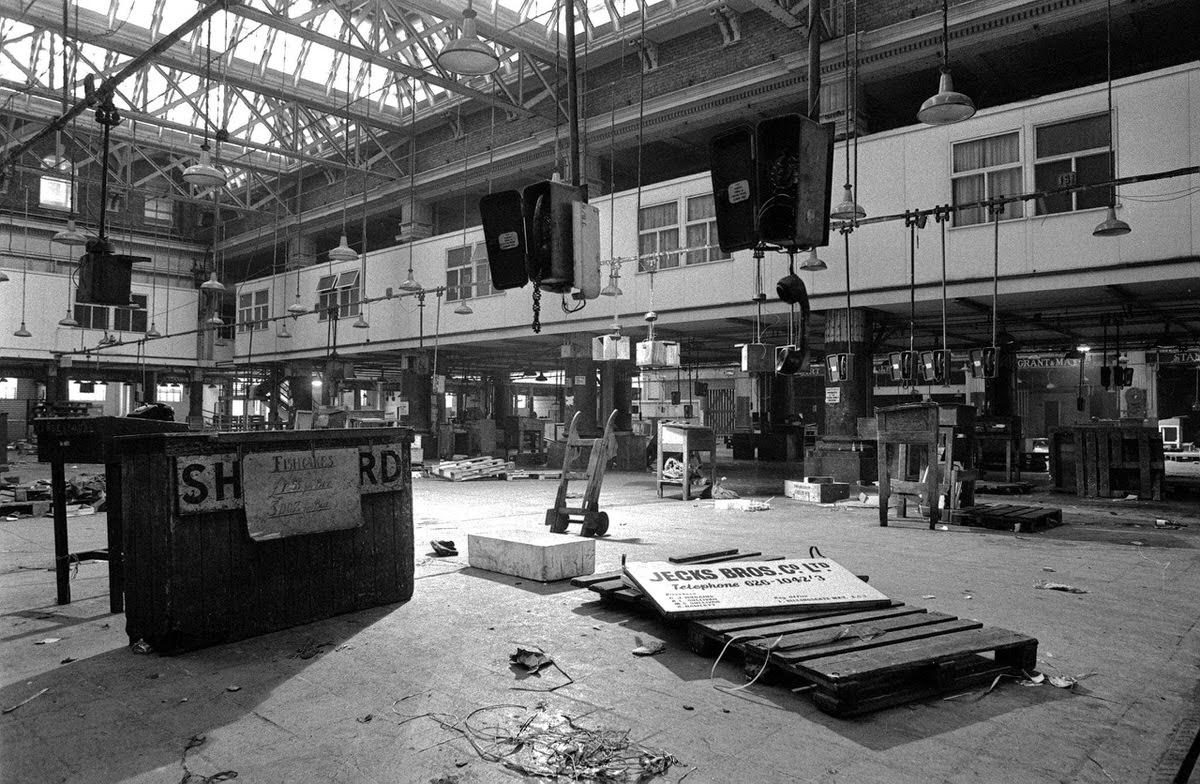 Deserted interior of the old Billingsgate Fish Market after the move to West India Dock, 1982