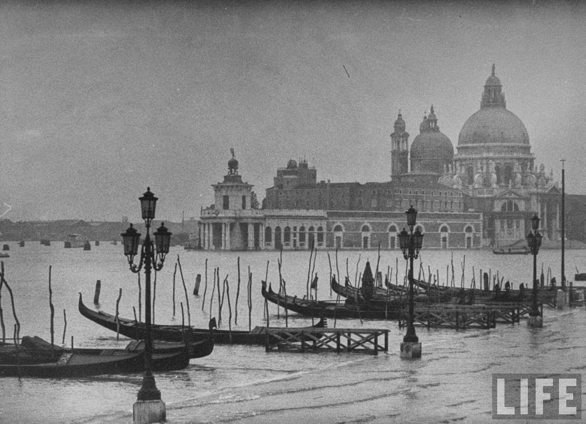 Moored gondolas in Grand Canal in front of flooded Piazza San Marco w. Santa Maria della Salute Church in the background.