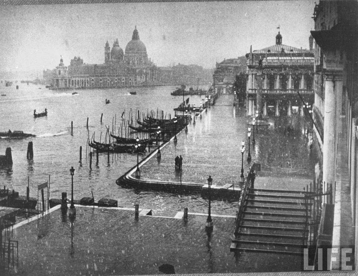 Moored gondolas in canal in front of flooded Piazza San Marco w. Santa Maria della Salute Church in the background.