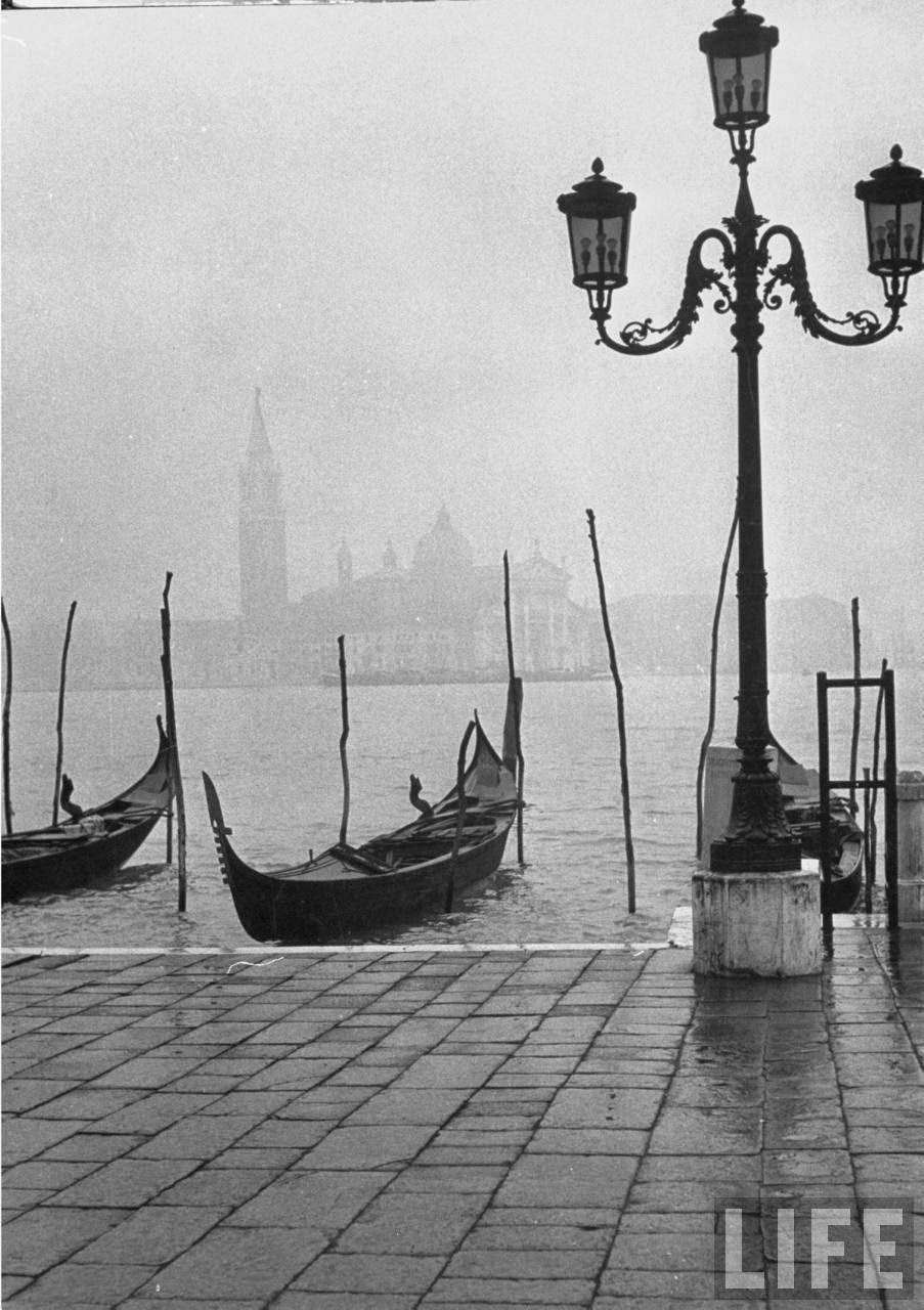 Moored gondolas on a foggy Grand Canal w. Santa Maria della Salute Church in the background.