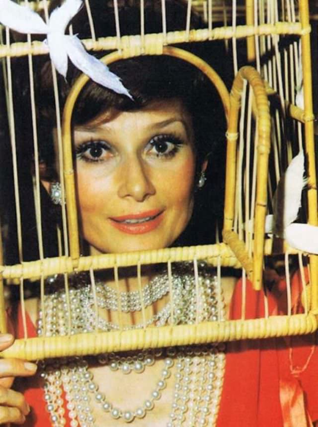 Audrey Hepburn pictured in a bird cage.