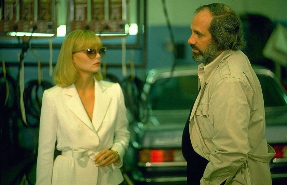 Michelle Pfeiffer as cocaine-addicted gangster’s moll Elvia Hancock, on location with De Palma.