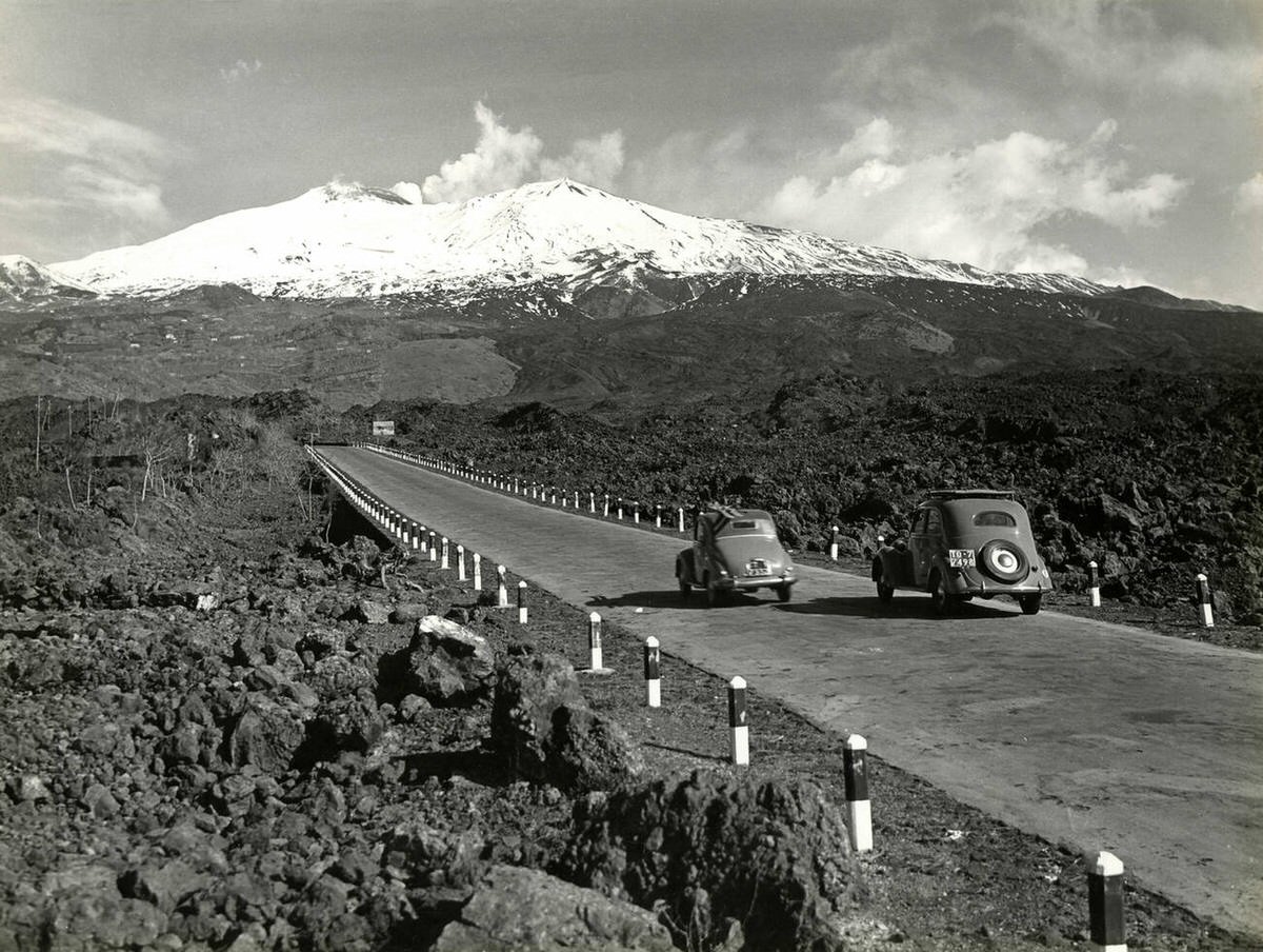 Cars on the road to Mount Etna, Sicily, 1958
