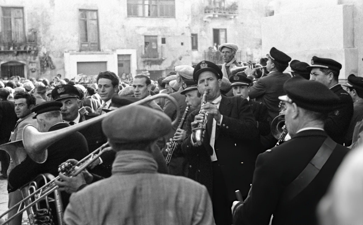 Band playing in a city square in Agrigento, 1950s