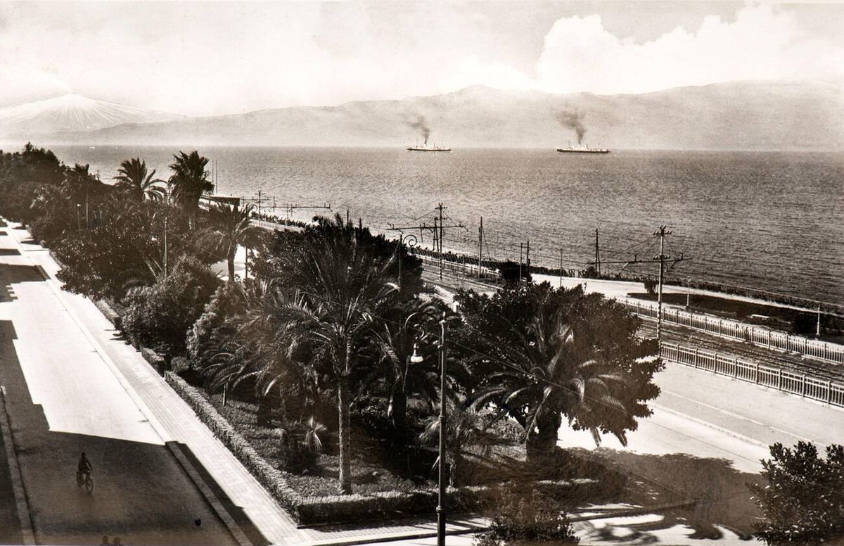 Seaside of Reggio Calabria with Sicily and Mount Etna in the background, 1950s