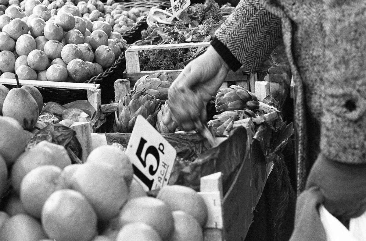Fruit stall at Berwick Street Market in Soho, 1977