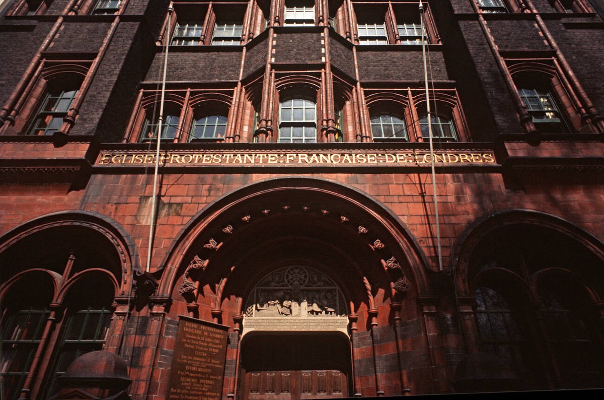 French Protestant red brick church in Soho, 1972