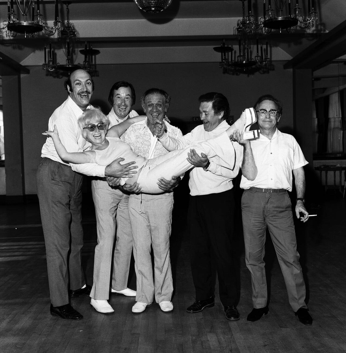 Cast of Carry on London rehearsing in Soho, 1973