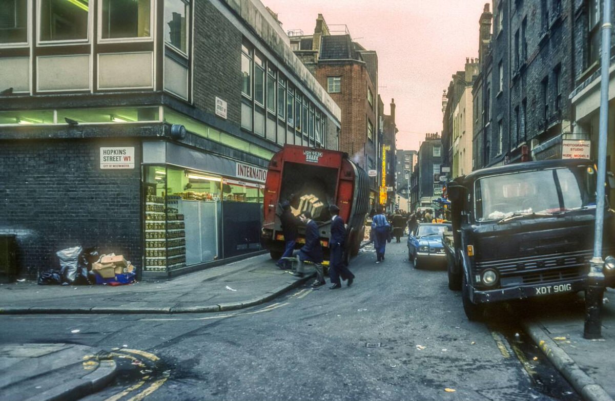 Corner of Peter Street and Hopkins Street in Soho, 1976