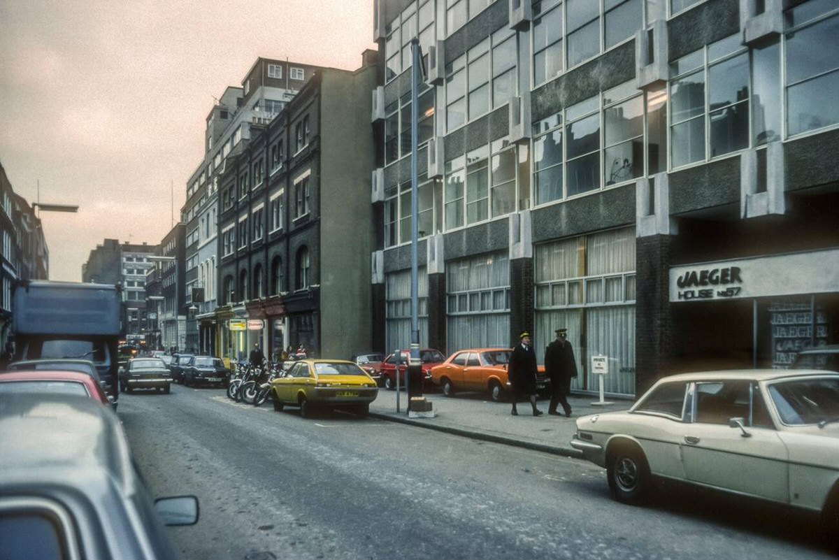Broadwick Street in Soho featuring the Jaeger headquarters, 1976