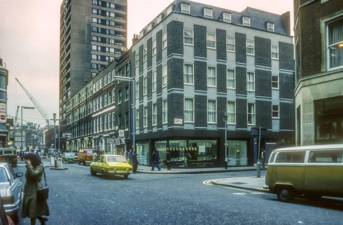 Corner of Broadwick Street and Poland Street in Soho, 1976