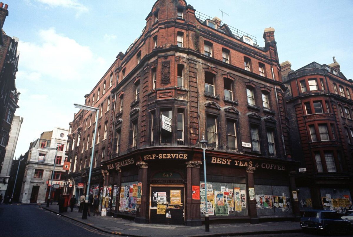 Empty shops on Rupert Street in Soho, 1972