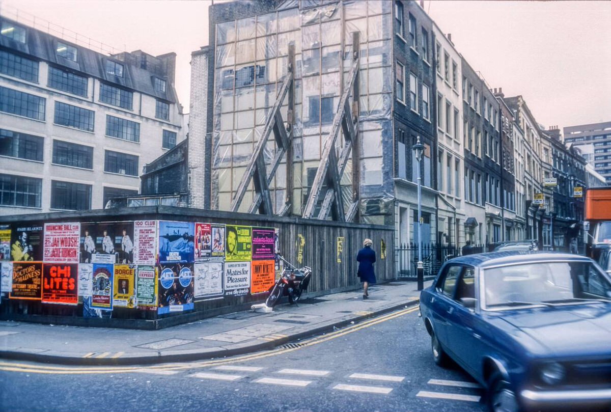 Empty site on the corner of Brewer Street and Great Pulteney Street in Soho, 1976